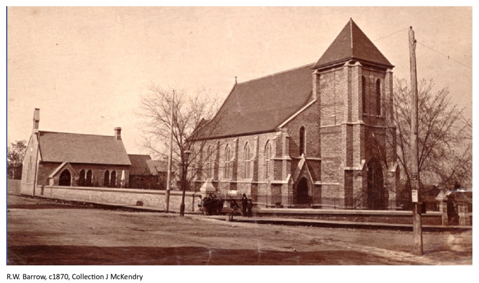 This late 1870s photograph of St. Paul’s Church by photographer Richard W. Barrow shows not only the church but the Sunday School (1872) and the wall on Montreal Street and along Queen Street. (Coll. of J. McKendry)