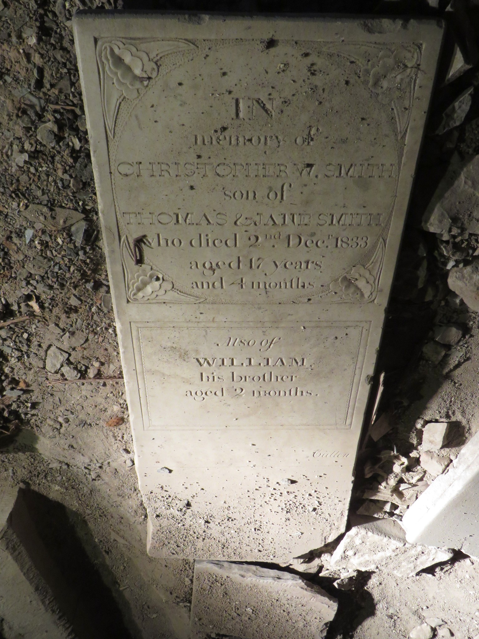 Marker for Christopher and William Smith, located under the church hall (Credit Mary Davis Little)