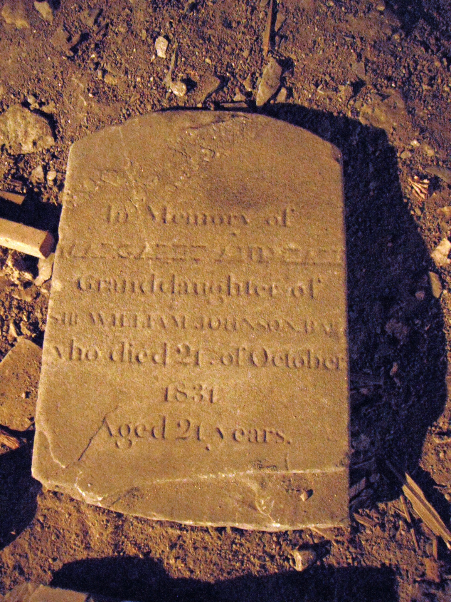 Marker for Margaret Earl, granddaughter of William Johnson and Molly Brant, under the church hall (Credit Mary Davis Little)
